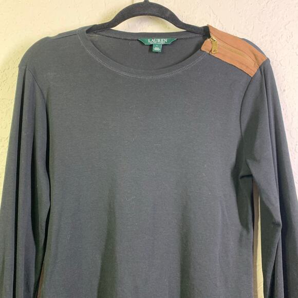 LAUREN RALPH‎ LAUREN Top Blouse Crew Neck Faux Suede Elbow Patches Shoulder Zip - Picture 5 of 13